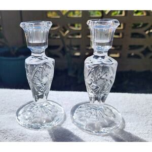 Pair Lausitzer Glass 24% Lead Crystal Taper Candlesticks Pinwheel Star Germany